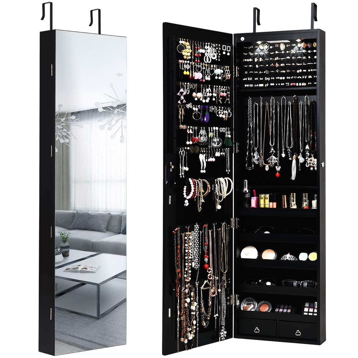 Full Length Mirror Jewelry Armoire - Wall or Door Mounted Jewelry Armoire