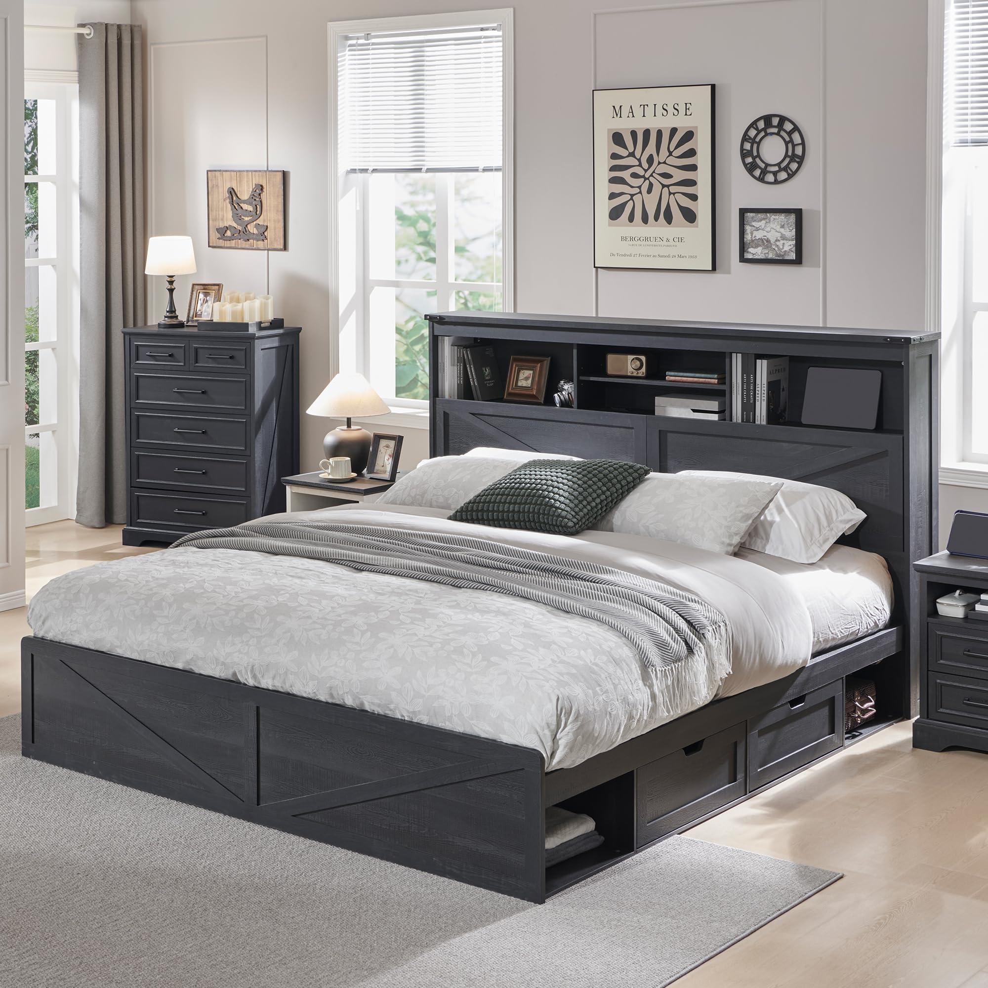 Farmhouse King Size Bed Frame  - King Size Bed Frame With Storage Drawers 评论和价格