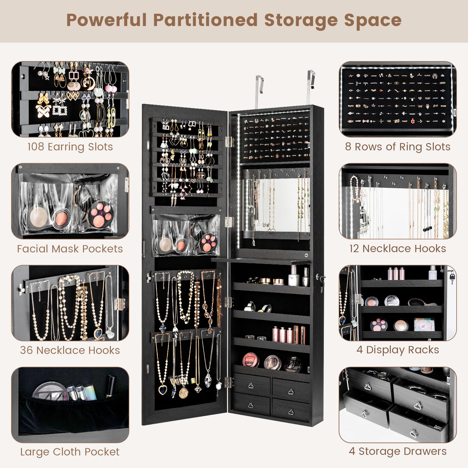 47” LED Jewelry Armoire, Door/ - Full Length Mirror Jewelry Armoire 评论和价格